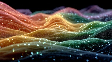 Abstract flowing data landscape with vibrant rainbow colors and sparkling lights, perfect for modern technology presentations or innovative business concepts, conveying dynamic movement and energy