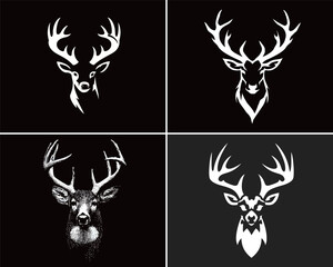 Four unique deer head illustrations display different styles of antlers and facial features against a black backdrop, showcasing artistic creativity in design.