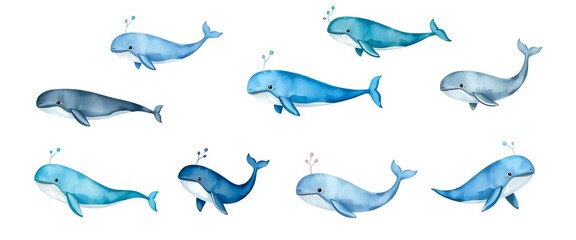 A whimsical set of watercolor painted whales in various poses, blues and grays,  wildlife,  marine life