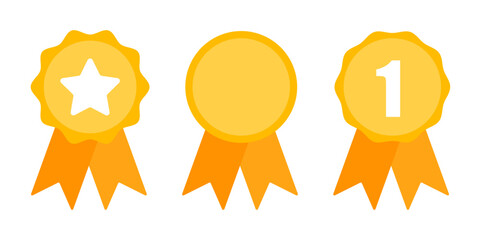 Set of gold award medal icons in a clean, flat design. Collection with symbols for first place, achievement, and a blank customizable badge, perfect for representing victory or awards of honor