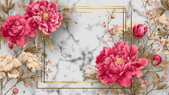 un marco decorativo dorado con espacio de copia con un fondo efecto marmol color gris con flores peonias rodeando el marco en colores y tonos pastel para invitacion o tarjeta femenina