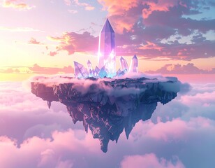 Fantasy floating island with glowing crystal tower above clouds