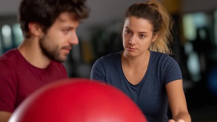 A personal trainer is attentively guiding a client as they use a stability ball, emphasizing proper technique and support in a fitness environment. - Powered by Adobe