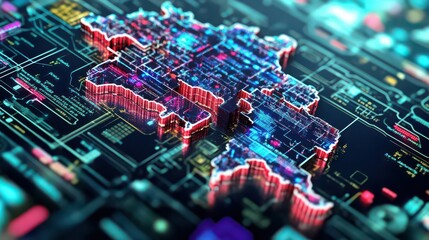 Futuristic digital map of nagornokarabakh with glowing circuit board pattern and neon lights, technology concept