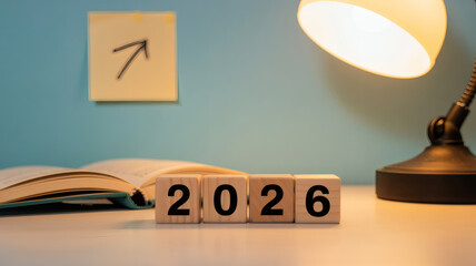 2026 year study desk with wooden cubes open book lamp and arrow note planning education concept