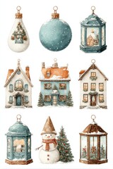 Collection of festive decorations featuring houses, ornaments, and a snowman against a snowy backdrop during winter