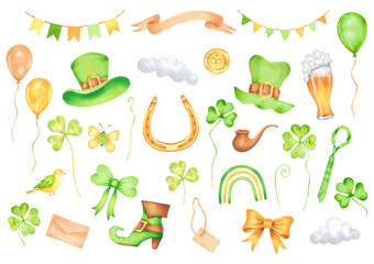 Set of St. Patrick's Day elements. Watercolor illustration. Hand drawn isolated clip art. Talismans for good luck, wealth and success. Collection of holiday items, including a horseshoe and a clover
