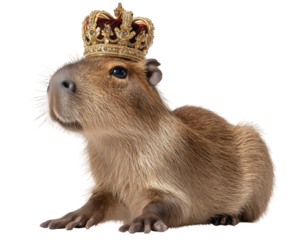 Funny cute capybara wearing golden royal crown looking majestic. Proud rodent king animal showing royalty and leadership, isolated illustration with calm expression
