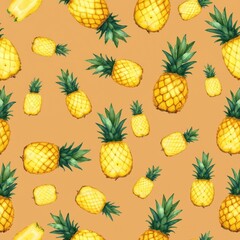 Watercolor seamless pattern with pineapples. Tropical fruits on orange background. Summer design for fabric wallpaper textile print. Sweet juicy ananas design for menu cards covers paper