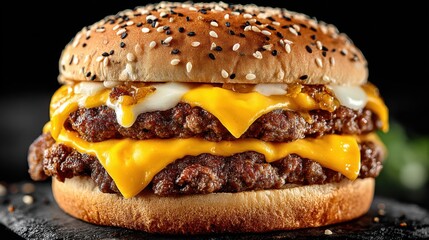 Satisfying double cheeseburger with melted cheese and special sauce on a sesame seed bun served with a dark background