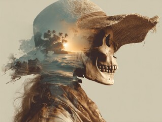 Skull in hat surrounded by a tropical landscape during sunset near the ocean