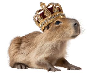 Cute and funny capybara wearing majestic golden crown looking regal and proud. This royal animal monarch, large rodent, sits isolated, humorous meme concept