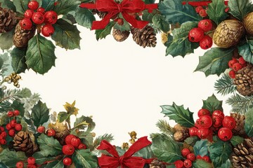 Decorative winter holiday border with holly leaves, red berries, pinecones, and ribbons suitable for festive greetings or invitations