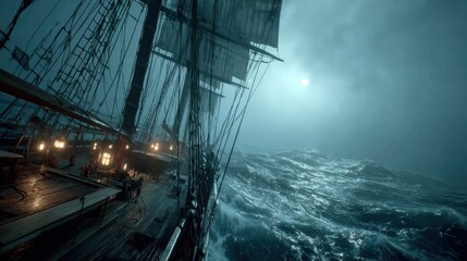 Sailing through a stormy sea under a full moon at night on a historic tall ship