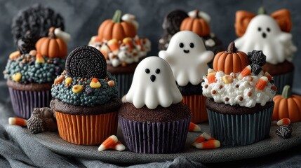 Festive Halloween cupcakes decorated with ghosts, pumpkins, and candy corn on a dark background