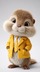 Cute cartoon otter character wearing a yellow coat and tie, posing confidently against a simple background