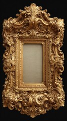 Ornate golden picture frame with intricate carvings displayed against a black background, showcasing craftsmanship and design