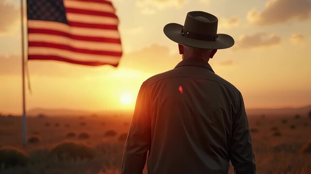 Patriotic man contemplates American flag at sunset. Patriotic imagery featuring national colors fluttering in wind against dramatic sky over vast field.