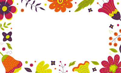 Vector rectangular floral frame with flowers, berries and leaves with empty space in the center for text. Perfect for invitations, greeting cards, posters, banners, packaging, wedding design, branding