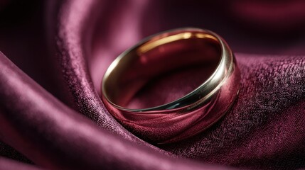 Elegant gold ring resting on rich burgundy fabric, showcasing its shiny surface and smooth contours, highlighting intricate design and craftsmanship