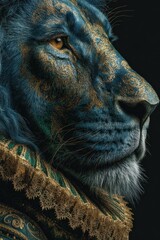 Majestic lion adorned with intricate patterns and textures, exuding regal charm and elegance in a dark background