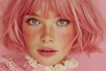 Young woman with pink hair and freckles poses against a soft pink background, showcasing her vibrant style and unique look