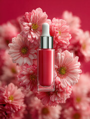 Pink floral background with a glass dropper bottle of bright pink cosmetic product, showcasing beauty in a vibrant setting