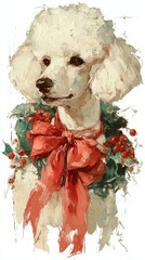 Cute white poodle with a festive wreath and red bow, portrayed in a charming art style during the holiday season