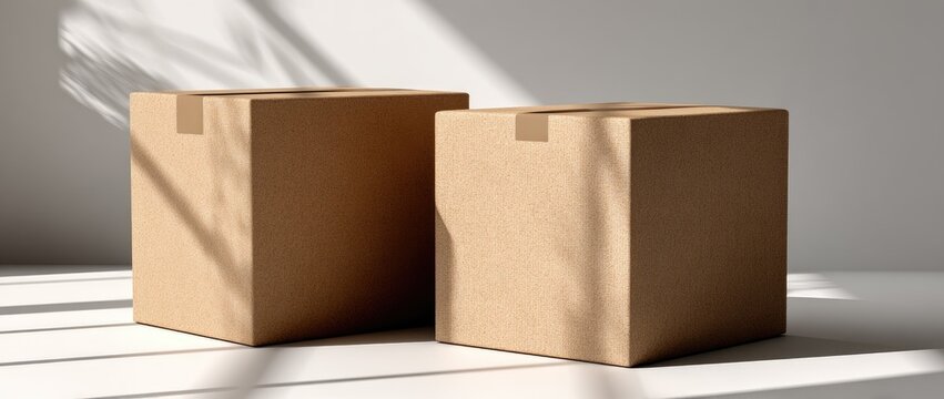 Two brown cardboard boxes side by side against a white wall, lit by sunlight with shadow
