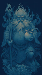 Powerful deity holds a mystical fruit while surrounded by swirling energy in a dark atmosphere