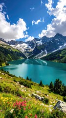 Alpine lake view with snowy peaks