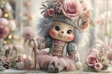 Charming doll dressed in pastel colors with floral crown surrounded by delicate decorations in a whimsical setting