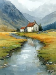Beautiful countryside scene with a charming house near a calm stream in a lush green valley surrounded by mountains