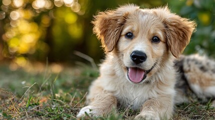 Adorable golden puppy relaxing in the sunlit grass, a heartwarming moment of pure joy, perfect for pet lovers and family-friendly advertising campaigns, showcasing innocence and happiness