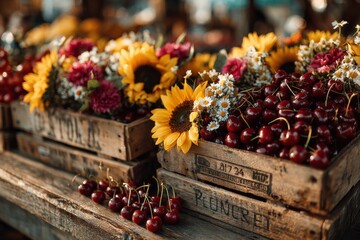 Vibrant flowers and cherry display at a rustic market in summer, capturing the beauty of nature's bounty