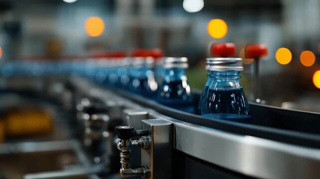 A vibrant display of bottles filled with blue liquid on a production line, showcasing the bottling process in a factory setting with glowing background lights.