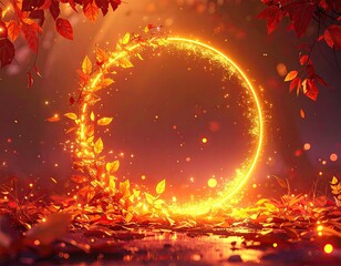 Glowing circle autumn leaves forest