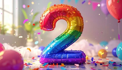Rainbow "2" balloon in celebratory scene