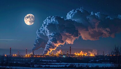 Industrial plant lit at night, moon up