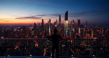 Person gazing over a vibrant city skyline at sunset with data visualizations - Powered by Adobe