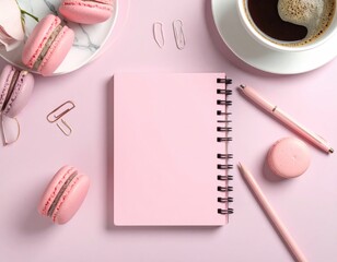 Pink desk with macarons and notepad