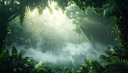 Lush jungle with sunbeams and mist