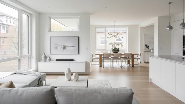 Bright openplan interior with white walls wood floor dining table kitchen island and living room area with a light gray sofa