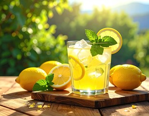 Glass of lemonade with lemons outdoors