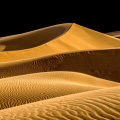 Sunny, golden sand dunes against black