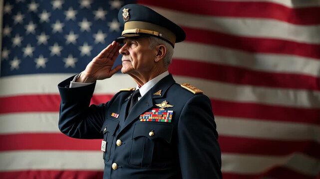 Saluting veteran in uniform against flag backdrop. A veteran saluting shows his patriotism against waving national flag backdrop. Remembering veteran by veteran saluting in full dress uniform,