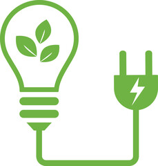 Green energy ecology icon. Save energy symbol. Energy icon with green leaf. Incandescent electric light bulb, Plug Icon with green leaves, symbol of clean energy, recycling, and nature conservation.
