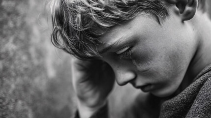 Young boy in pain, lonely crying. 