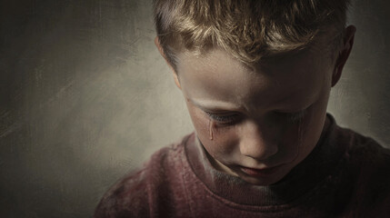 Young boy in pain, lonely crying. 