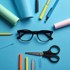 Desk items, paper rolls, on blue background